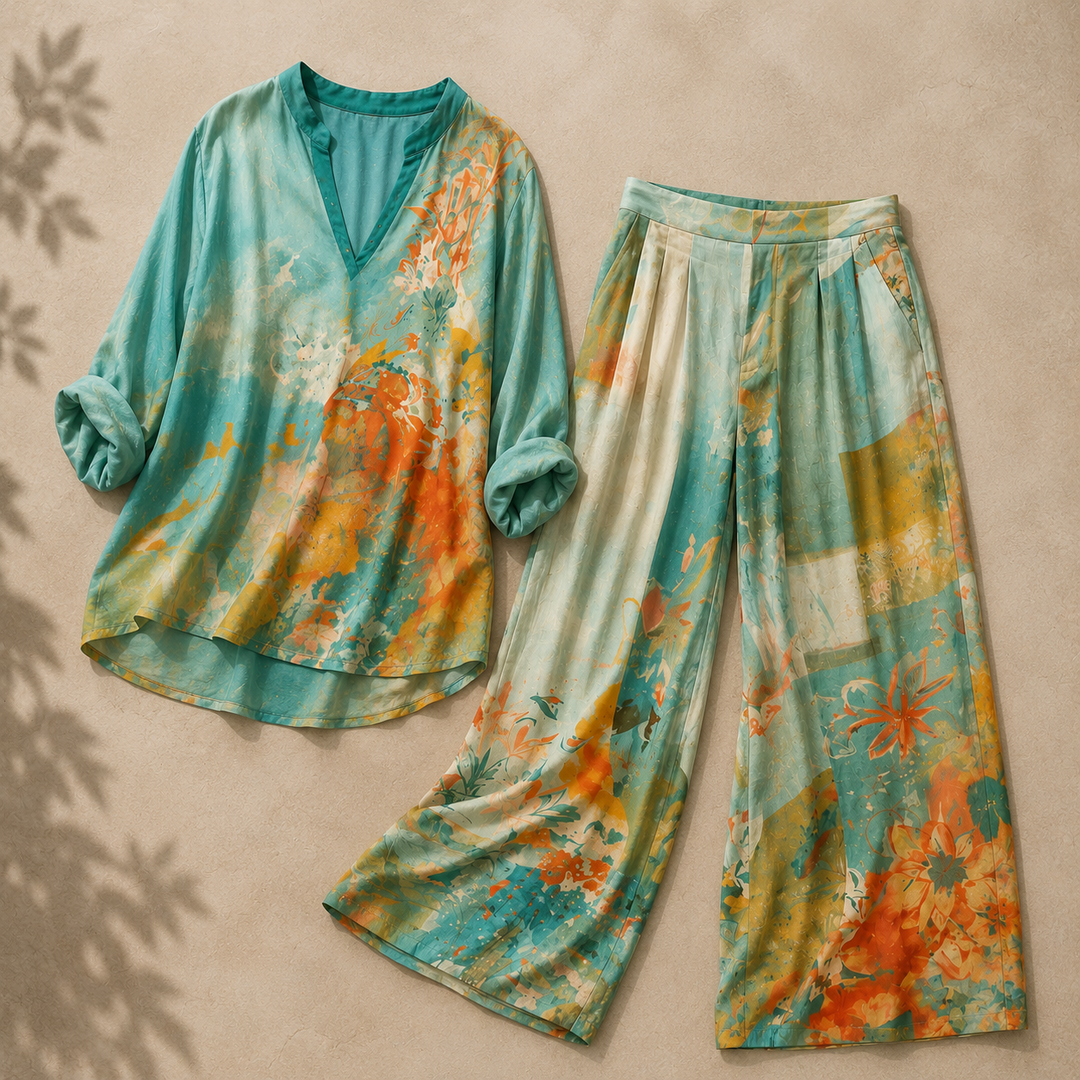 Chiara | Elegant floral print set with wide-leg trousers