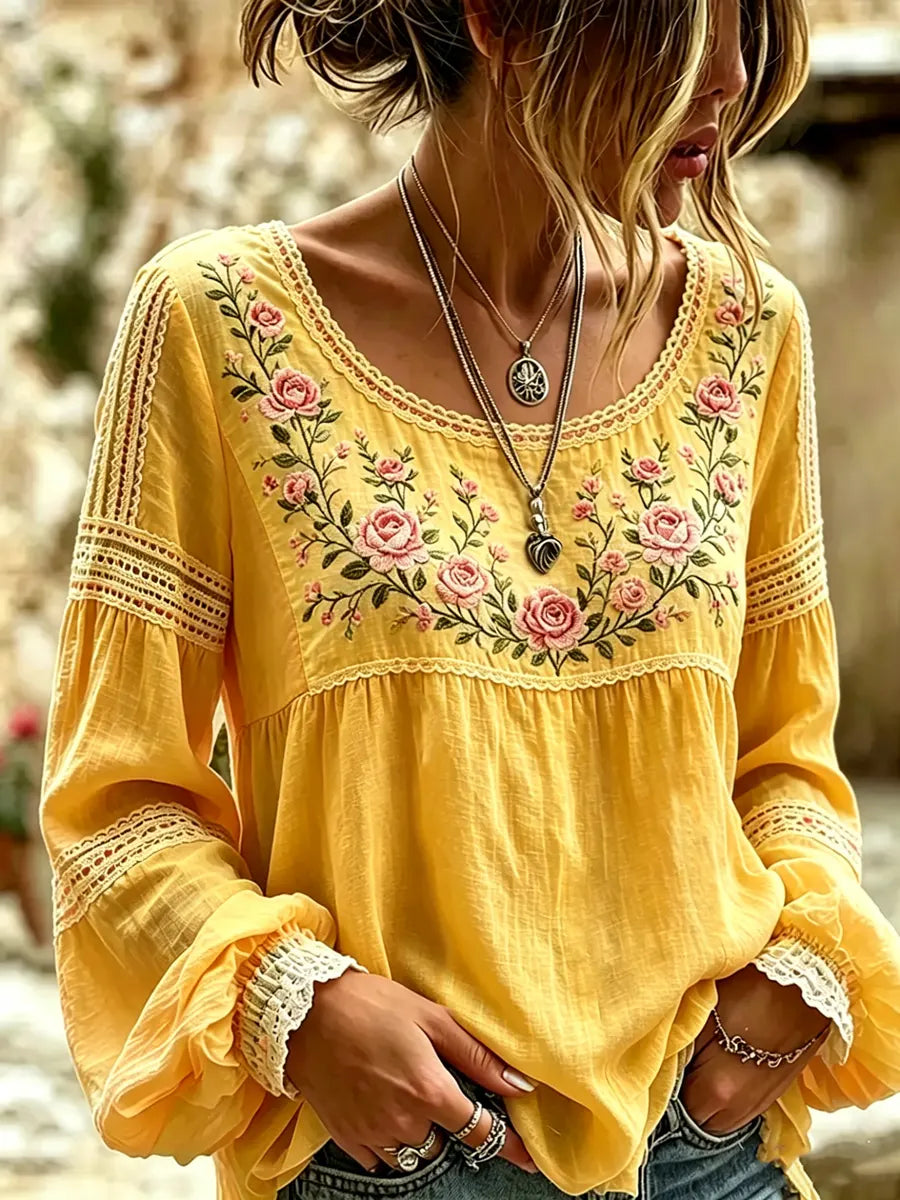 Mireille | Linen Blouse with Rose Embroidery, Square Neckline & Lace Inserts