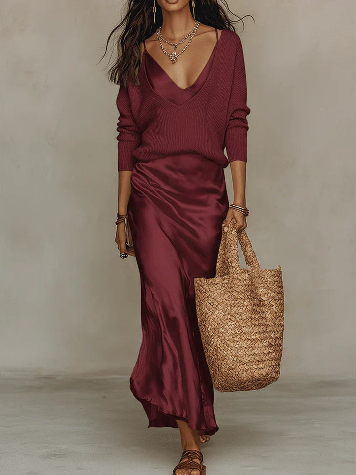 Elena | Satin Midi Dress with Matching Jumper