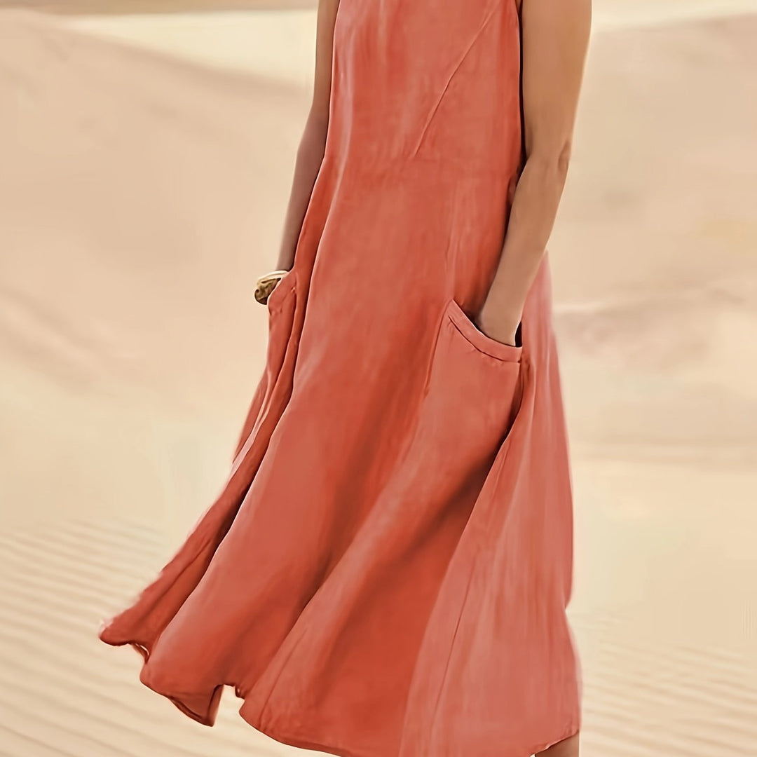 Maisie | Women's 100% Cotton Sleeveless Midi Dress with Pockets