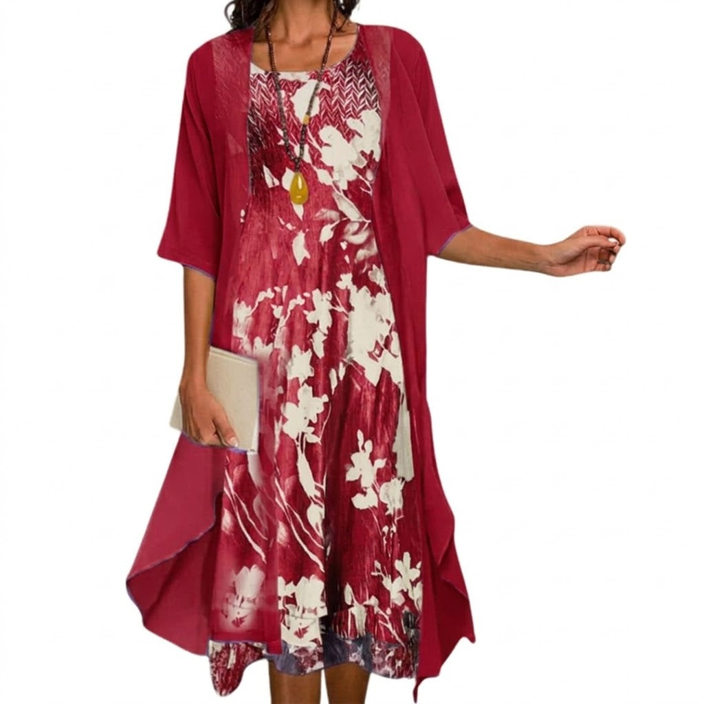 Floral Print Midi Dress and Chiffon Cardigan Two Piece Set