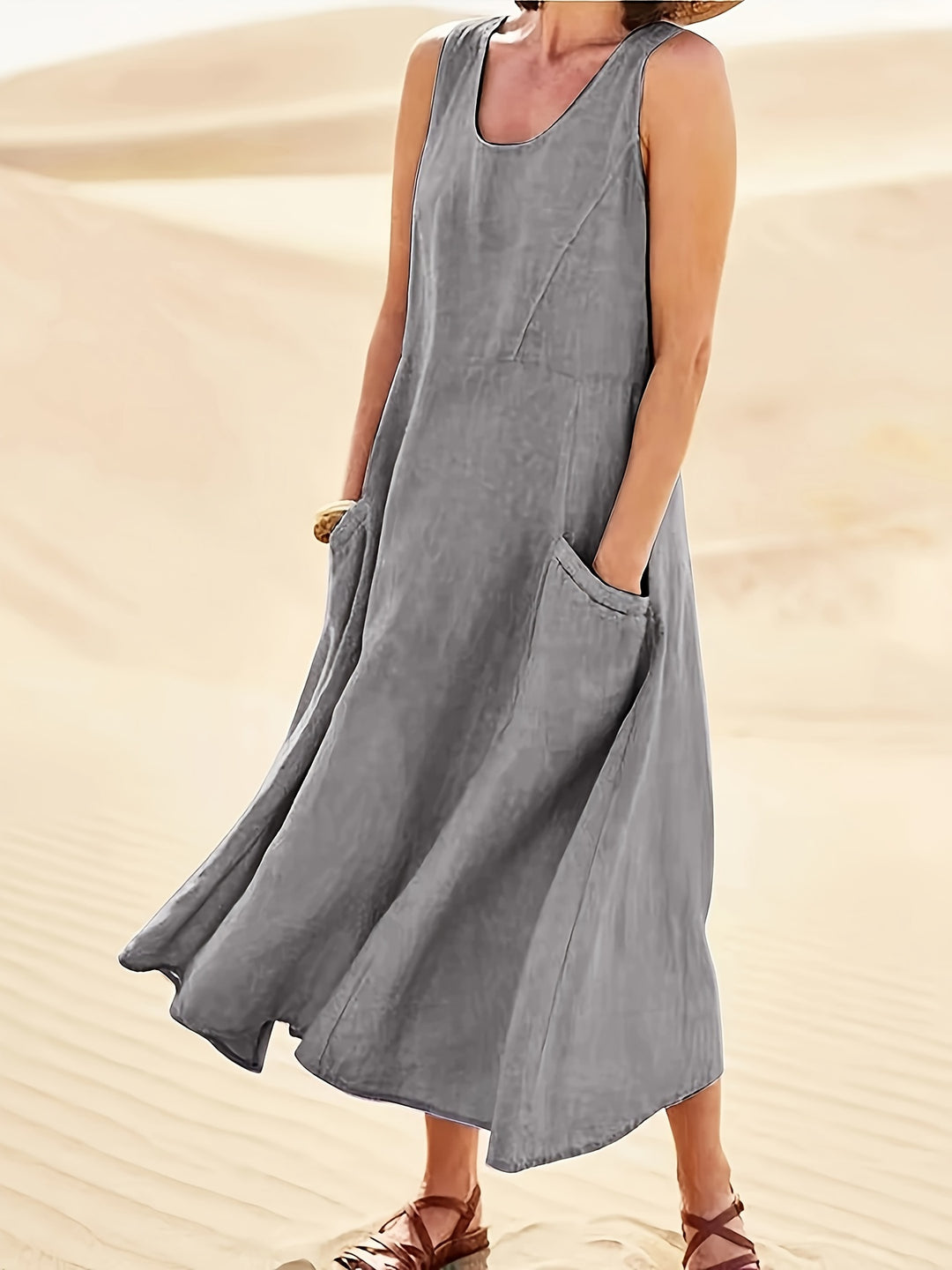 Maisie | Women's 100% Cotton Sleeveless Midi Dress with Pockets