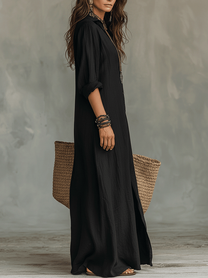 Bohemian | Black button-front shirt maxi dress