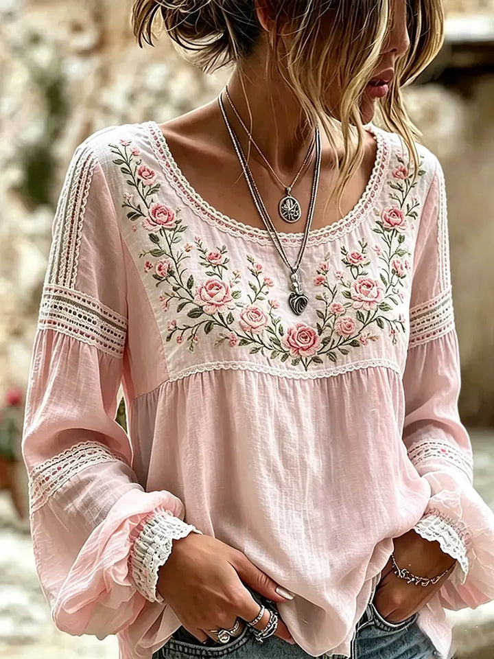 Mireille | Linen Blouse with Rose Embroidery, Square Neckline & Lace Inserts
