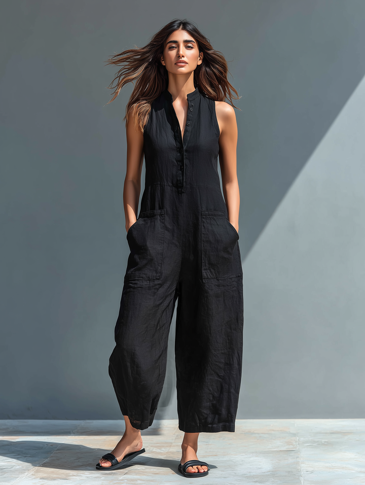 Women's Minimalist Linen Blend Button-up Stand-collar Sleeveless