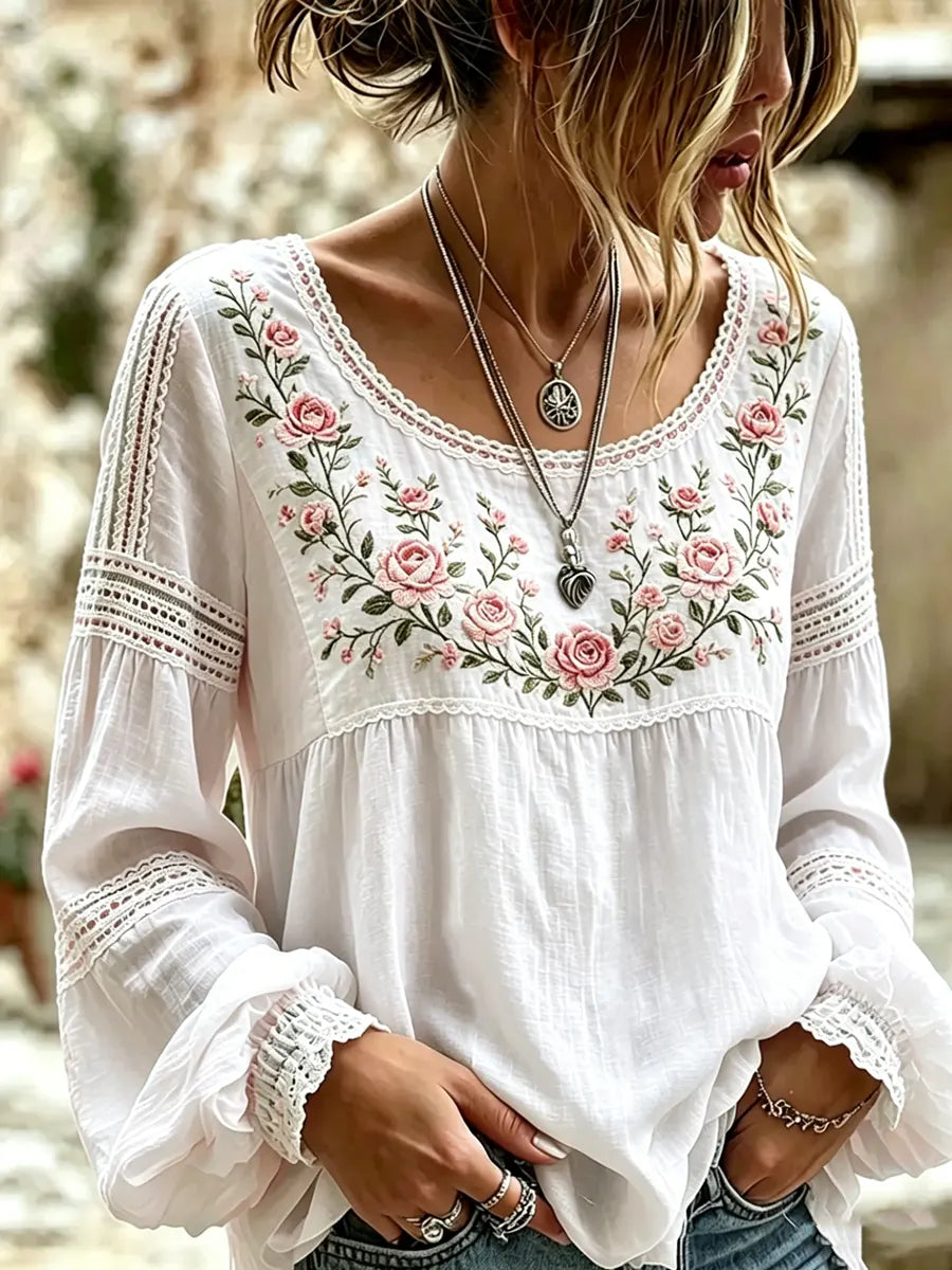 Mireille | Linen Blouse with Rose Embroidery, Square Neckline & Lace Inserts