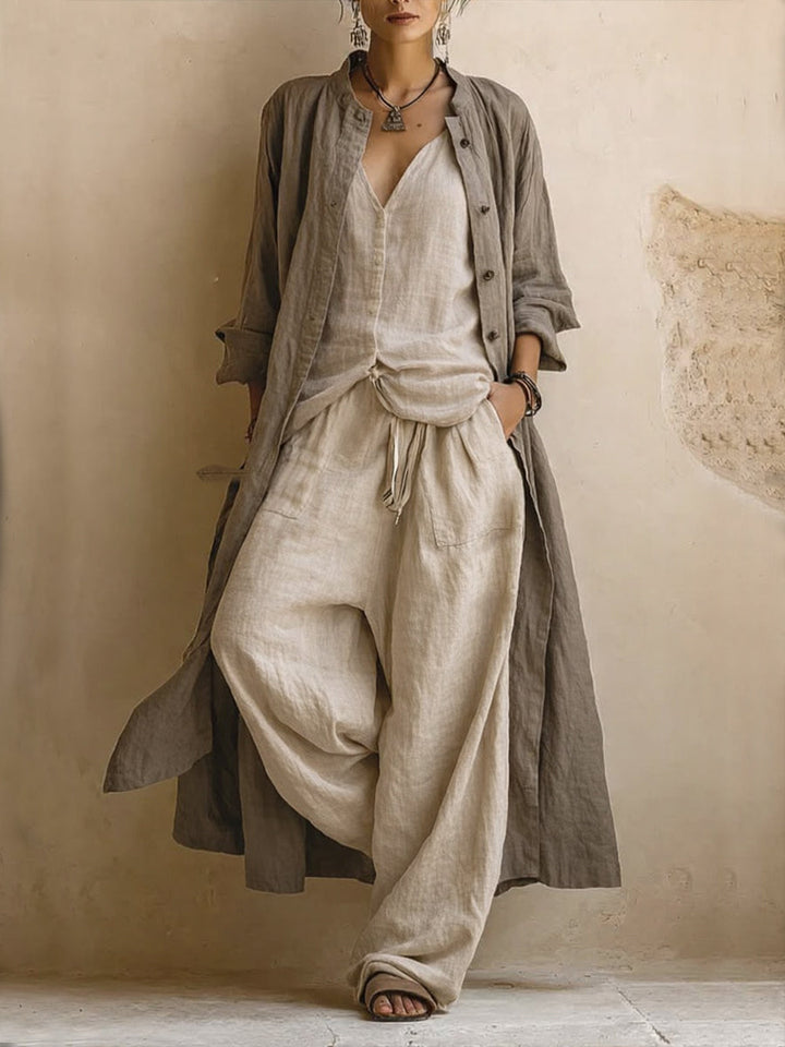 Donatella · Three-Piece Casual Set: Long Cardigan, Sleeveless Top, and Bohemian-Style Trousers