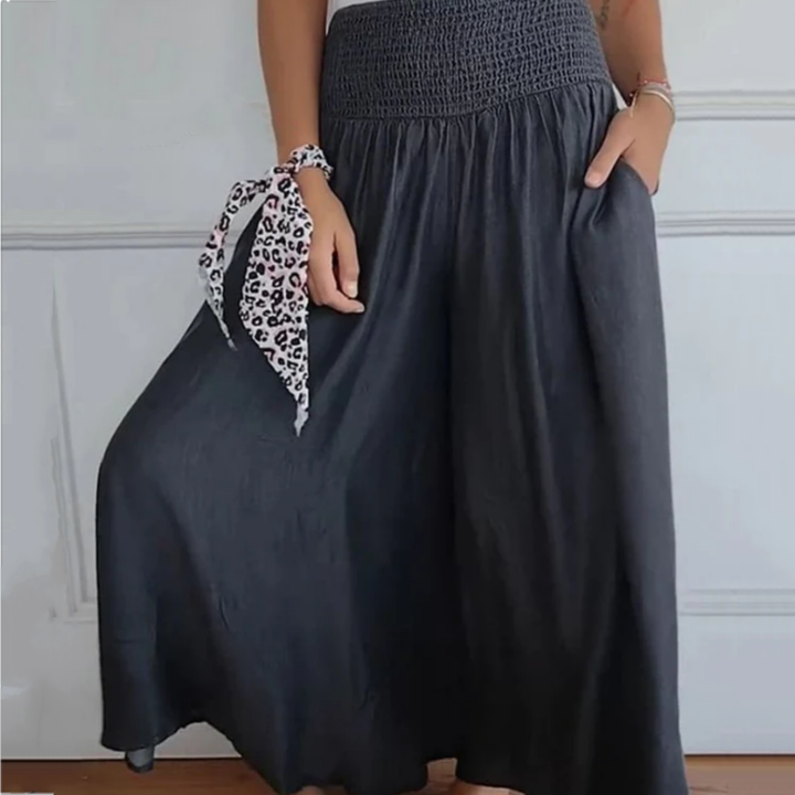 BLYTHE | WIDE-LEG HIGH-WAIST SMOCKED DENIM TROUSERS