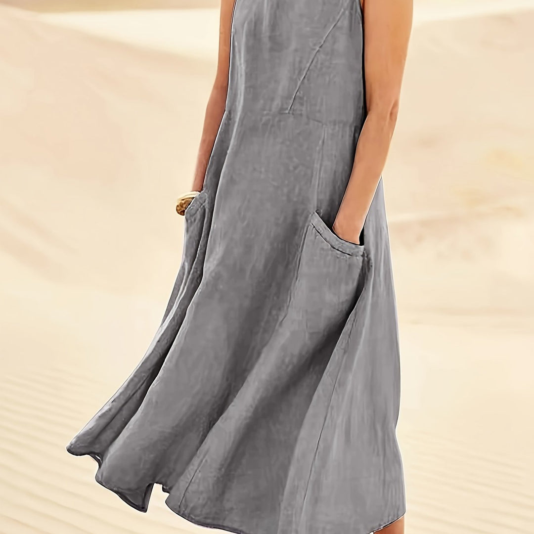 Maisie | Women's 100% Cotton Sleeveless Midi Dress with Pockets