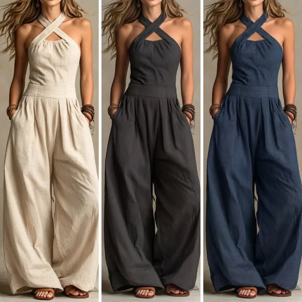 Bianca | Linen and cotton jumpsuit with an elegant crossover neckline