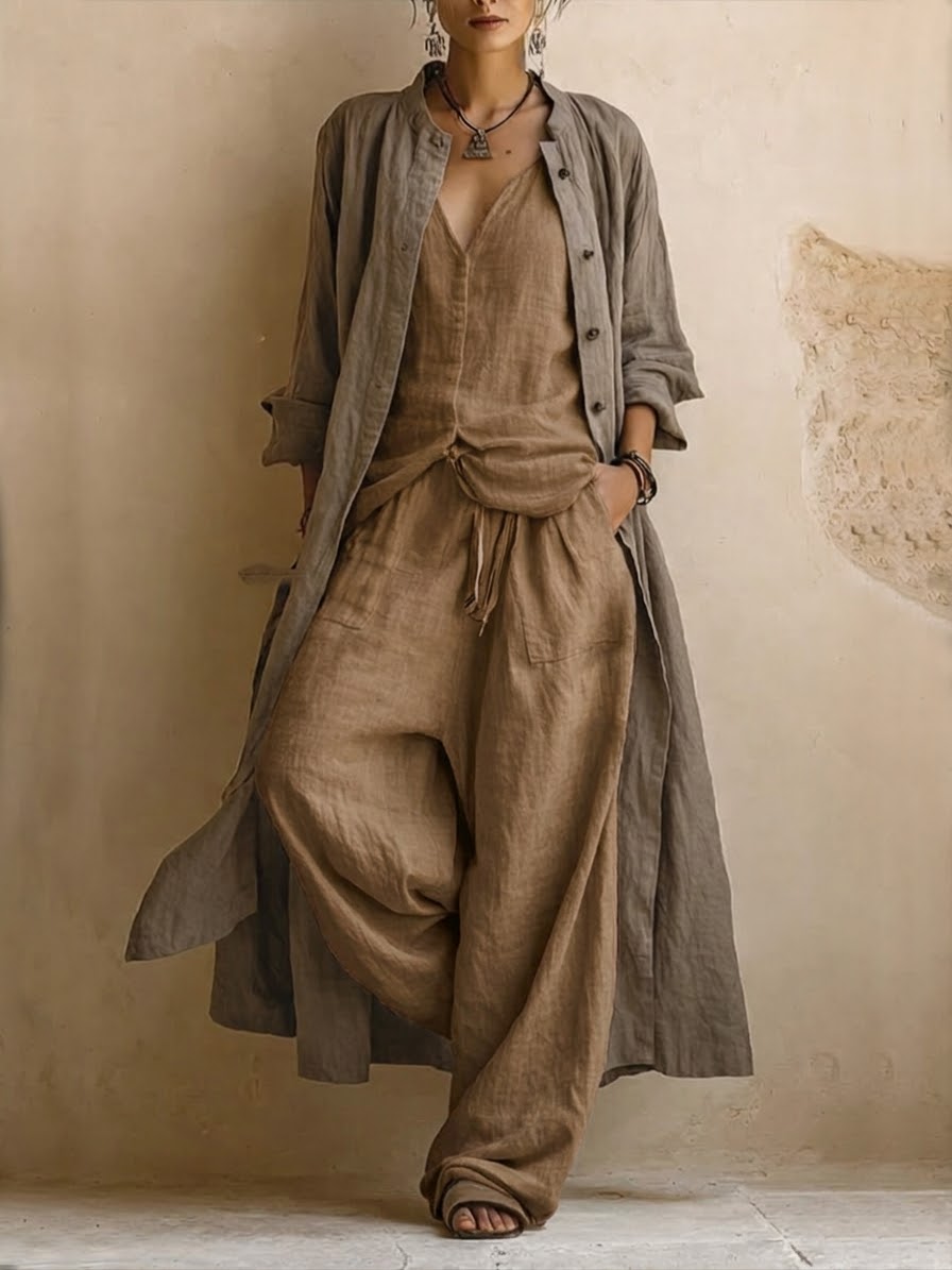 Donatella · Three-Piece Casual Set: Long Cardigan, Sleeveless Top, and Bohemian-Style Trousers