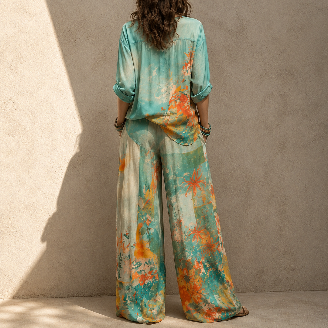 Chiara | Elegant floral print set with wide-leg trousers