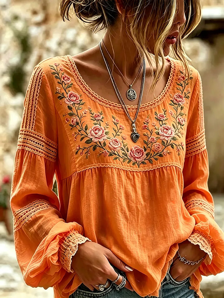 Mireille | Linen Blouse with Rose Embroidery, Square Neckline & Lace Inserts