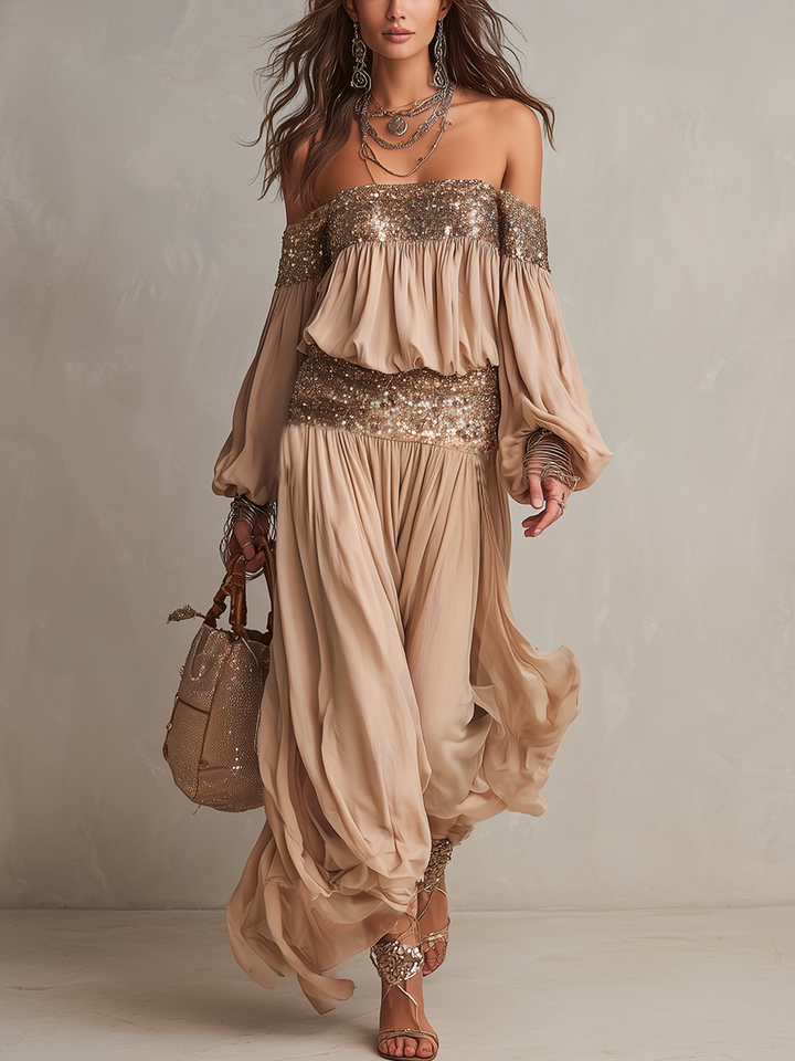 Bohemian Sequined Strapless Top And Wide Leg Pants Set