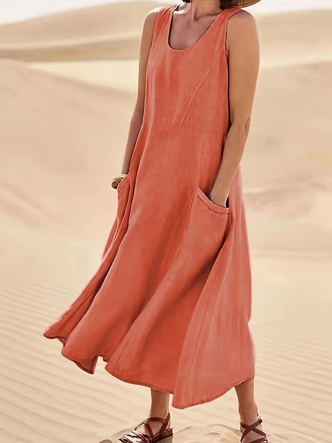 Maisie | Women's 100% Cotton Sleeveless Midi Dress with Pockets