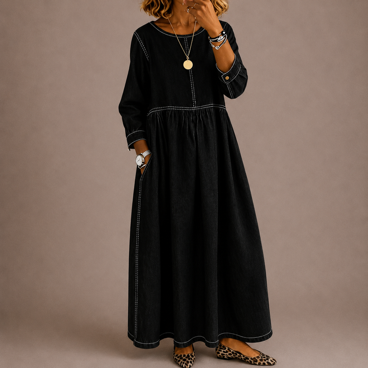 Melissa | Round Neck Long Sleeve Denim Dress
