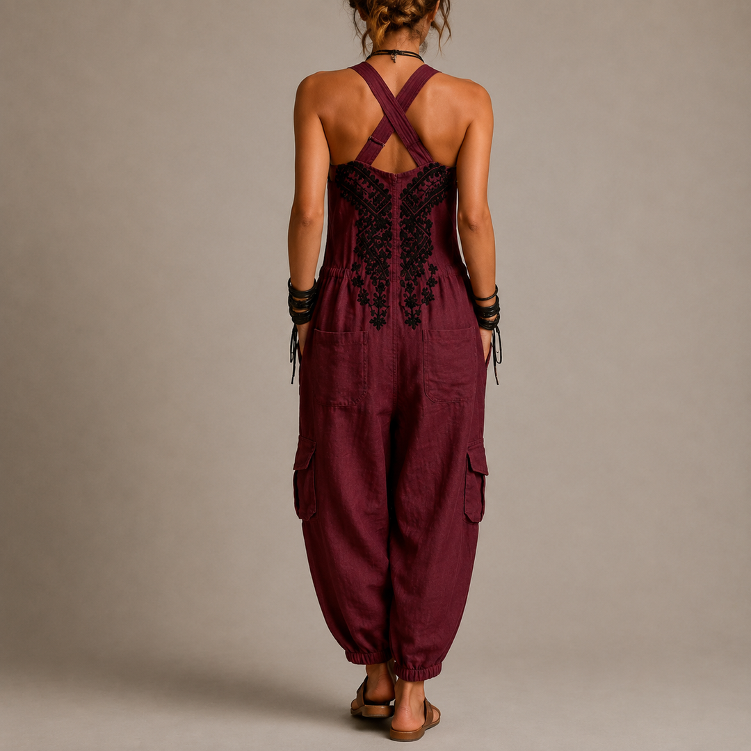 Astrid™ | Embroidered Boho Jumpsuit – Burgundy