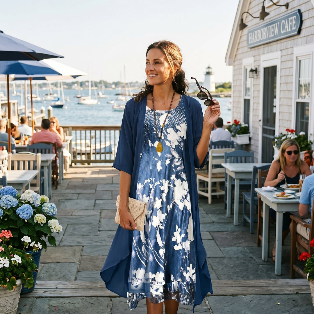 Floral Print Midi Dress and Chiffon Cardigan Two Piece Set