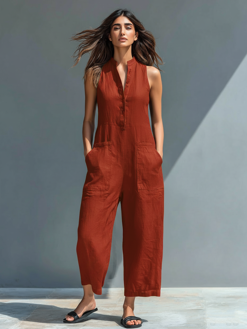 Women's Minimalist Linen Blend Button-up Stand-collar Sleeveless