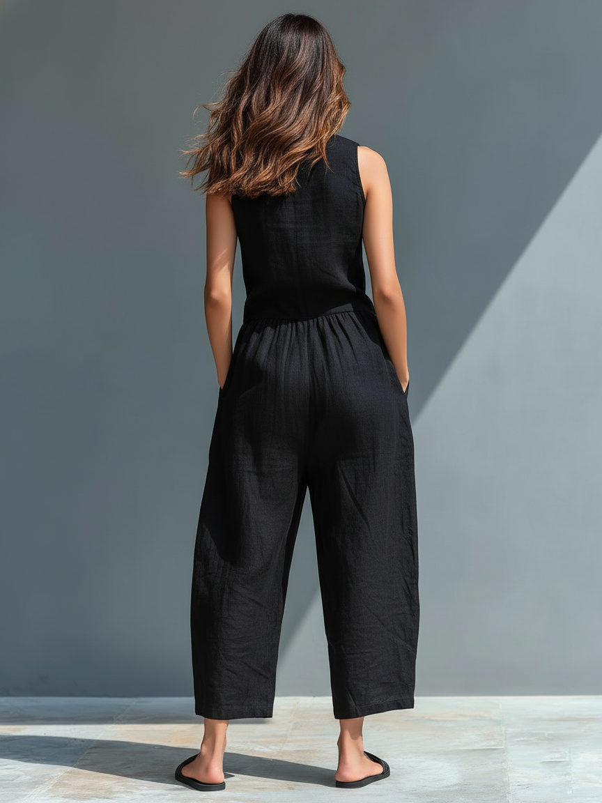 Women's Minimalist Linen Blend Button-up Stand-collar Sleeveless
