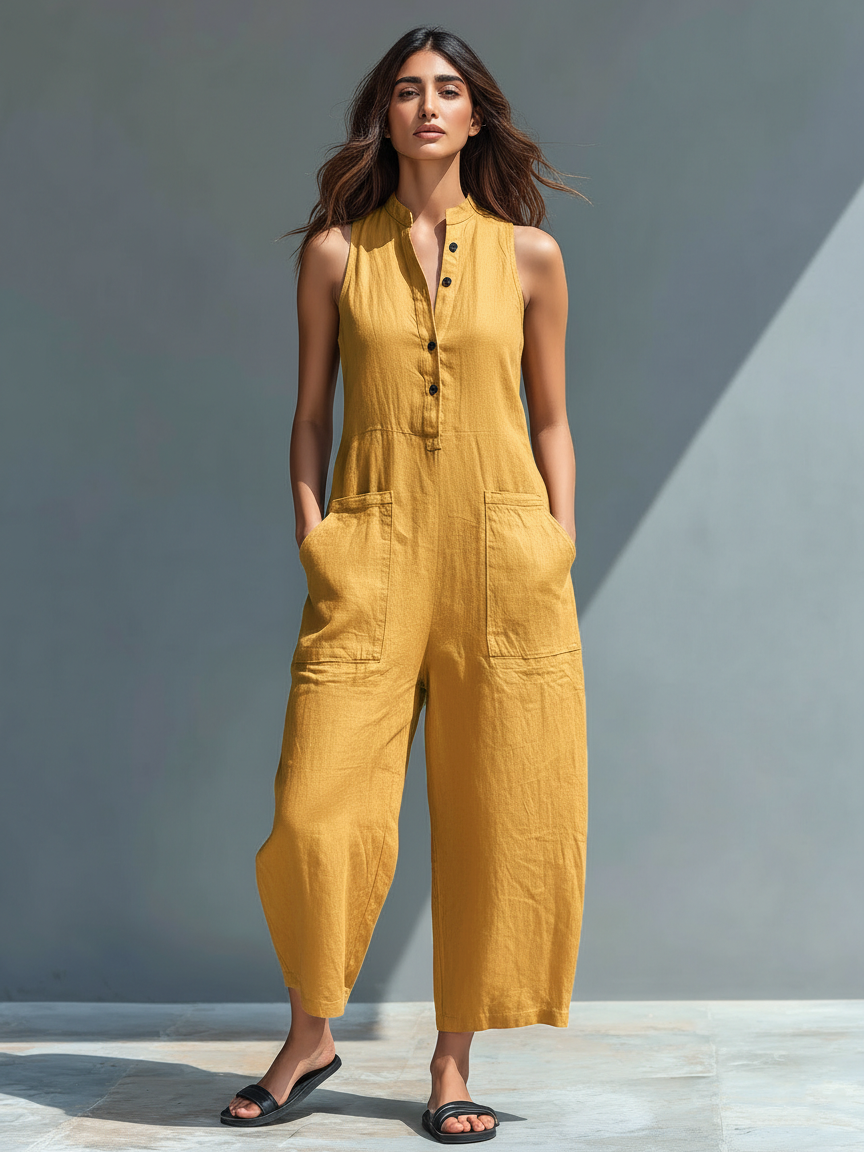 Women's Minimalist Linen Blend Button-up Stand-collar Sleeveless