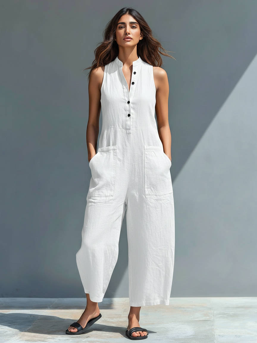 Women's Minimalist Linen Blend Button-up Stand-collar Sleeveless