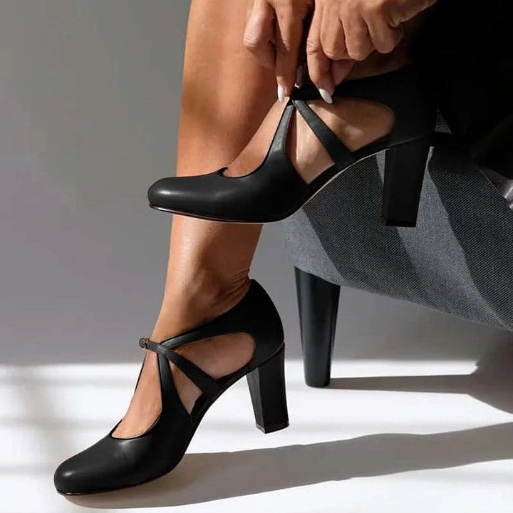 Herminia™ | Leather Pump with Strap and Block Heel