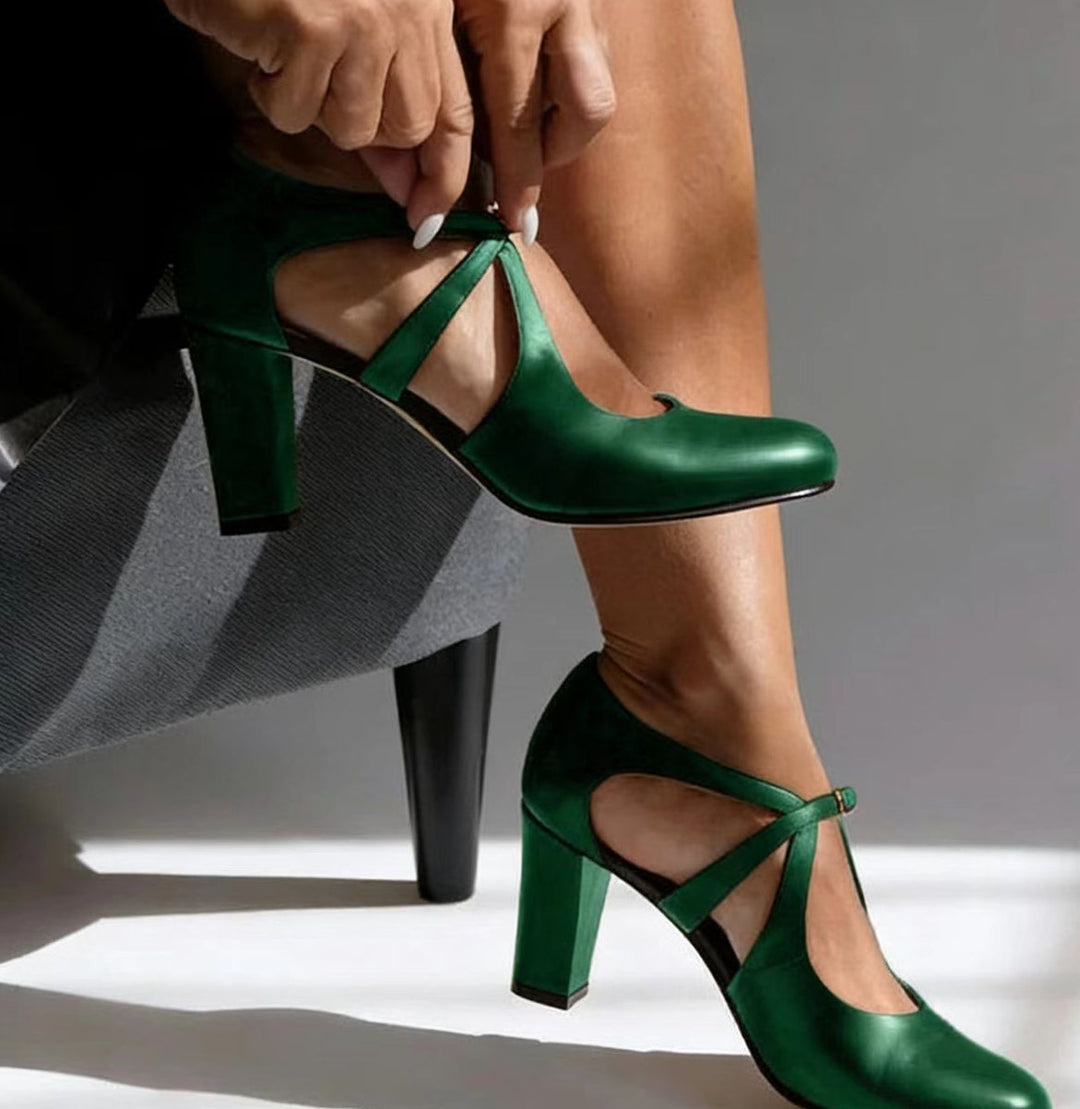 Herminia™ | Leather Pump with Strap and Block Heel
