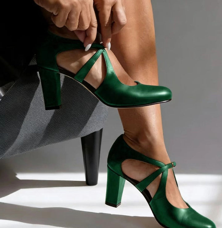 Herminia™ | Leather Pump with Strap and Block Heel