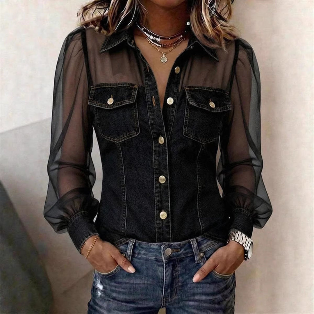 Women's Casual Denim Patchwork Chiffon See Through Button Pocket Long Sleeve Blouse