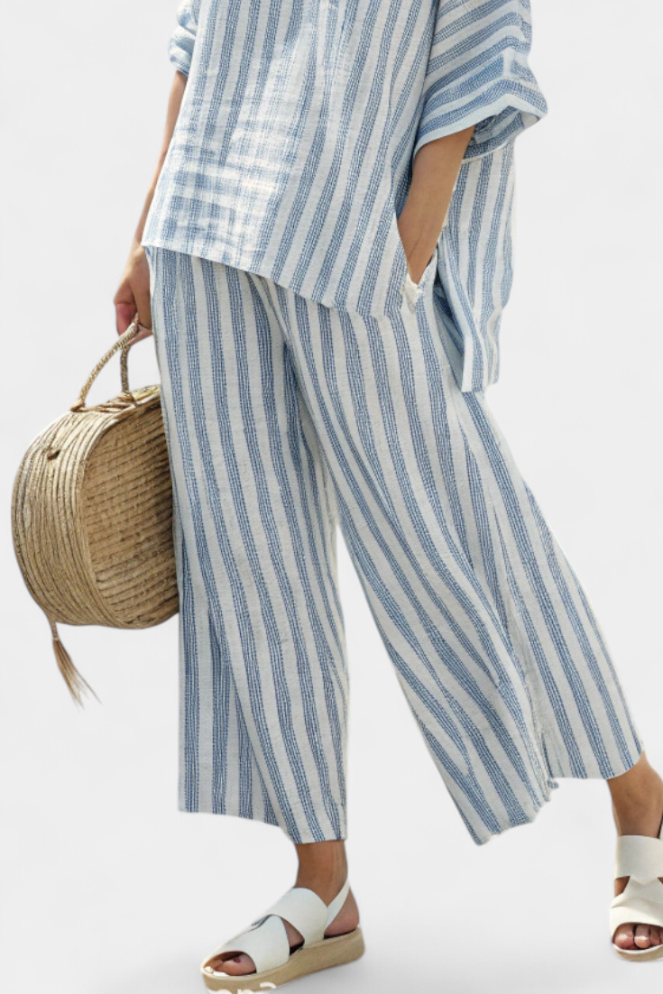 Madeline – Sophisticated Blue Striped Linen Top & Relaxed Pants Set