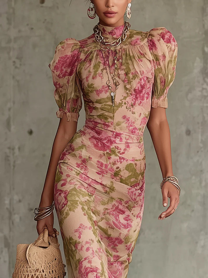 VIVA | Vintage Rose Print Maxi Dress With Puff Sleeves
