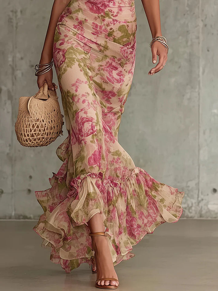 VIVA | Vintage Rose Print Maxi Dress With Puff Sleeves