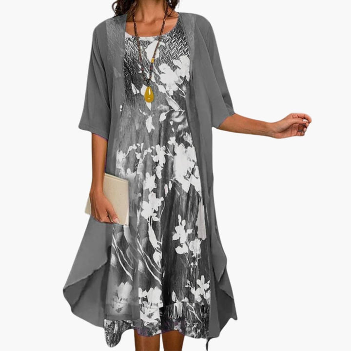 Floral Print Midi Dress and Chiffon Cardigan Two Piece Set