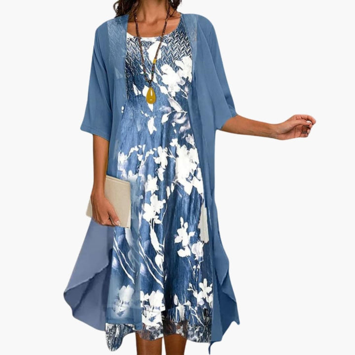 Floral Print Midi Dress and Chiffon Cardigan Two Piece Set