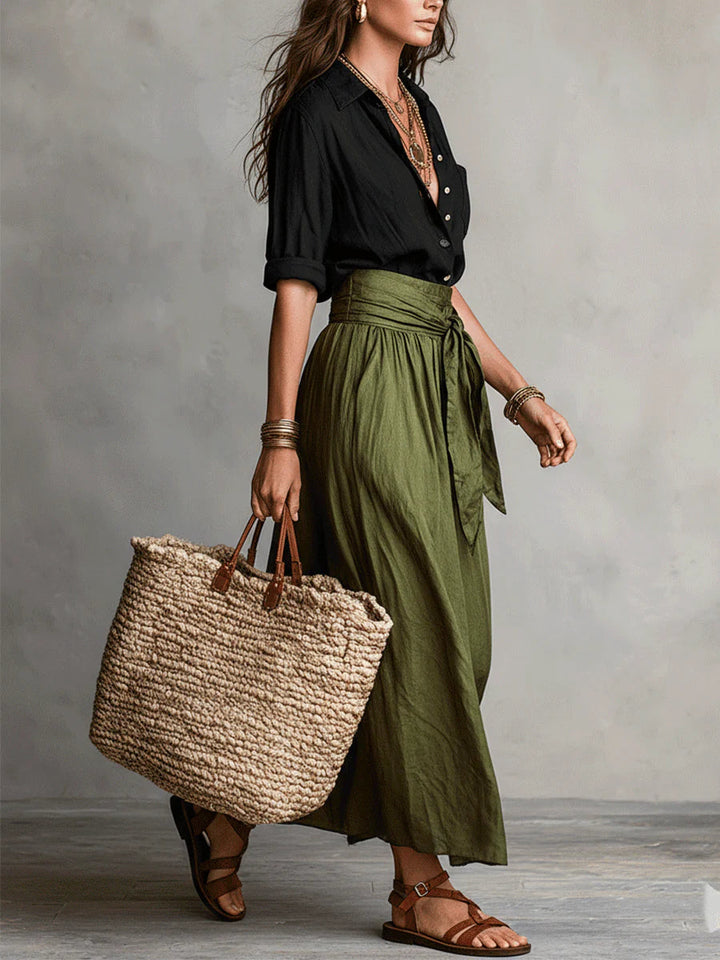 Vera™ | Two-piece set: black T-shirt and olive green midi skirt