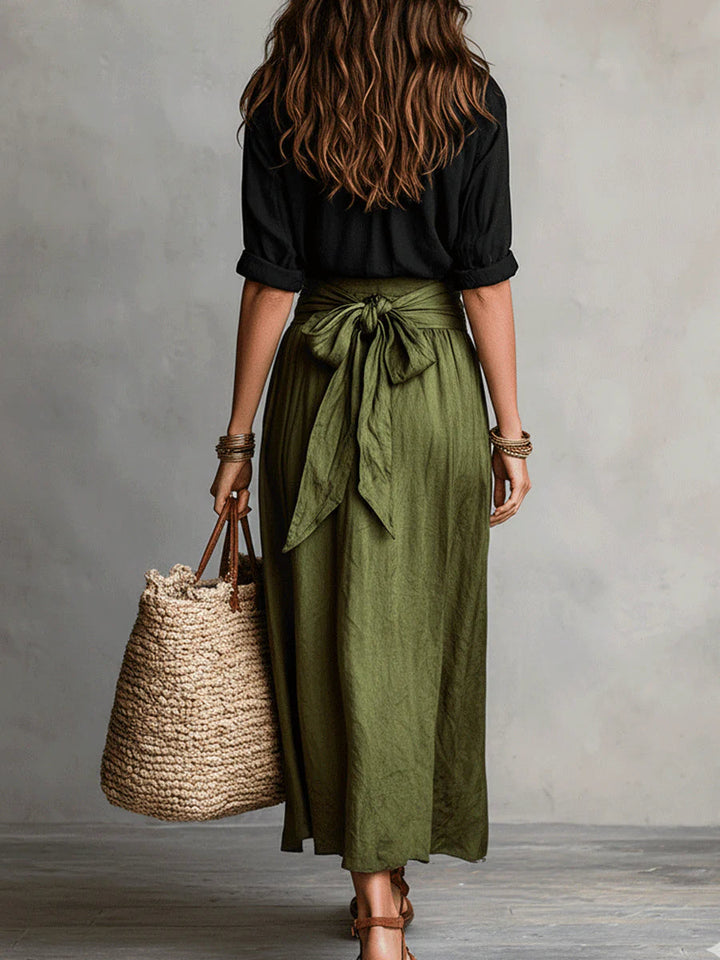 Vera™ | Two-piece set: black T-shirt and olive green midi skirt