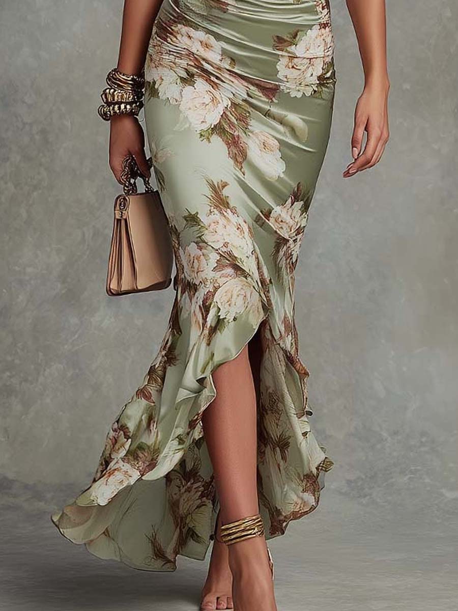 Anastasia | Long satin dress with a floral print