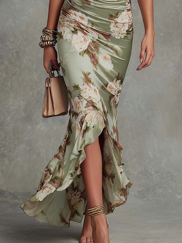 Anastasia | Long Satin Dress with Floral Prints