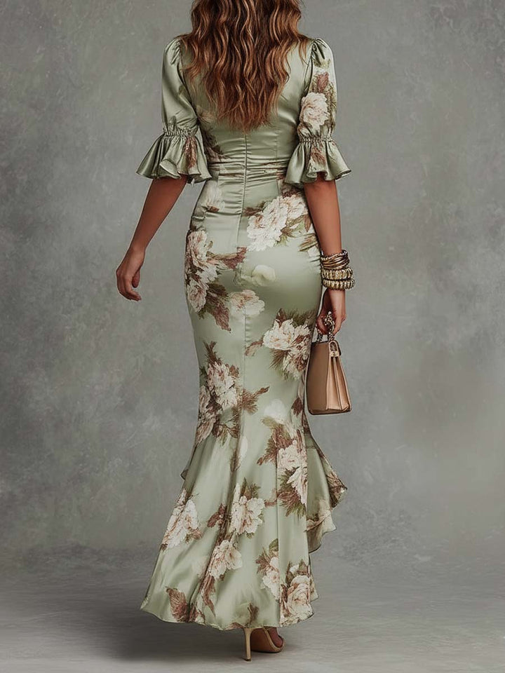 Anastasia | Long Satin Dress with Floral Prints