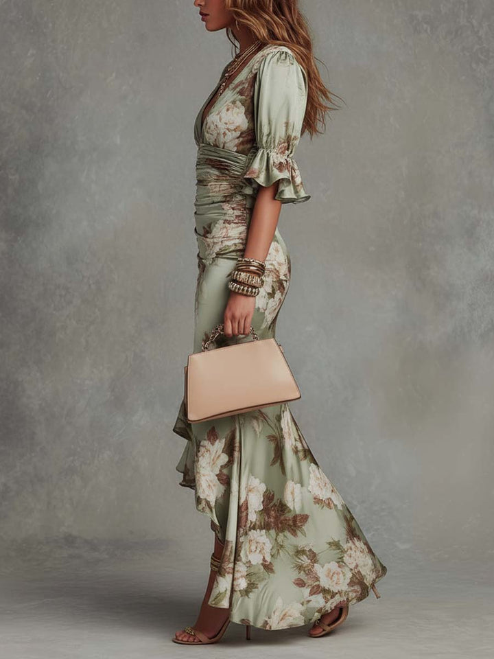 Anastasia | Long Satin Dress with Floral Prints