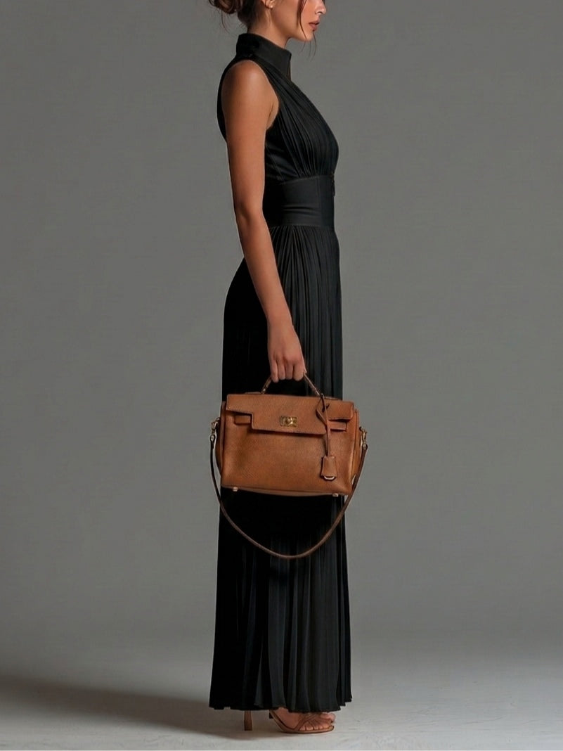 Vittoria · Black Jumpsuit with V-Neck, Sleeveless Design, Zip, Pleated Waist and Wide-Leg Trousers