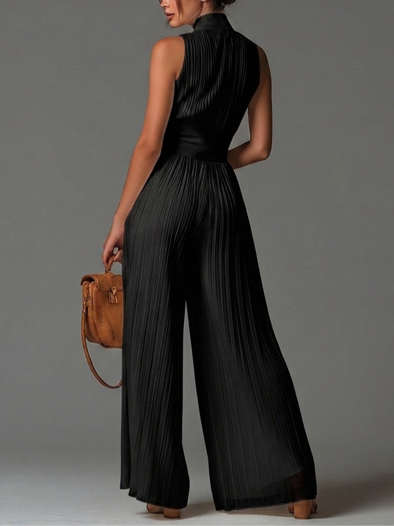 Vittoria · Black Jumpsuit with V-Neck, Sleeveless Design, Zip, Pleated Waist and Wide-Leg Trousers