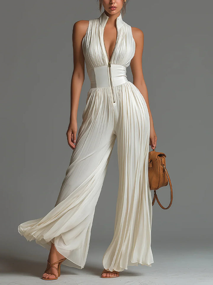 Vittoria · Black Jumpsuit with V-Neck, Sleeveless Design, Zip, Pleated Waist and Wide-Leg Trousers