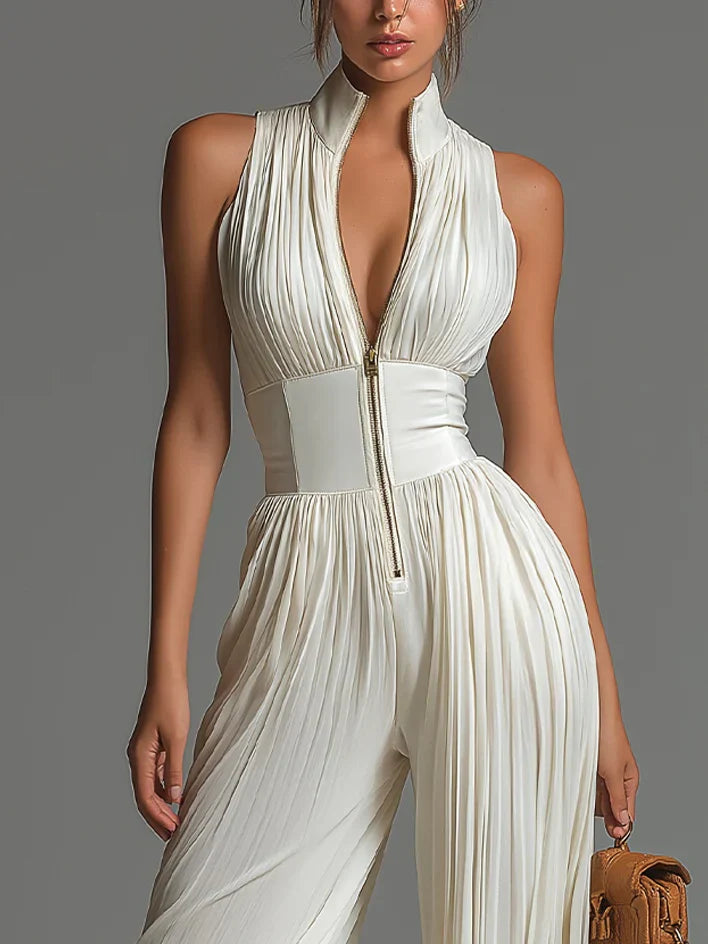 Vittoria · Black Jumpsuit with V-Neck, Sleeveless Design, Zip, Pleated Waist and Wide-Leg Trousers
