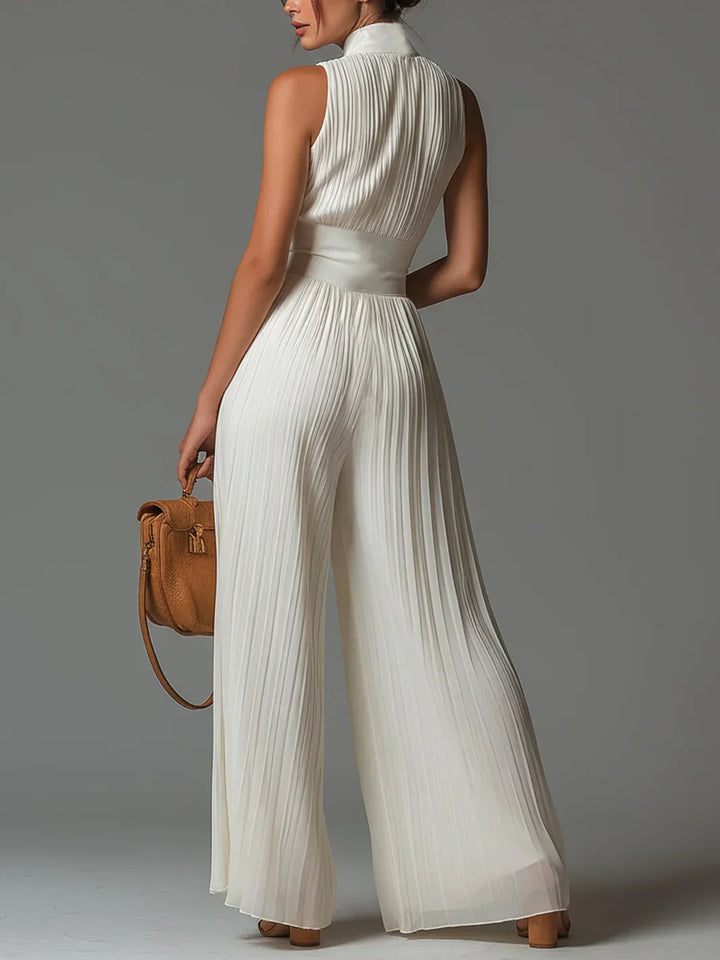 Vittoria · Black Jumpsuit with V-Neck, Sleeveless Design, Zip, Pleated Waist and Wide-Leg Trousers