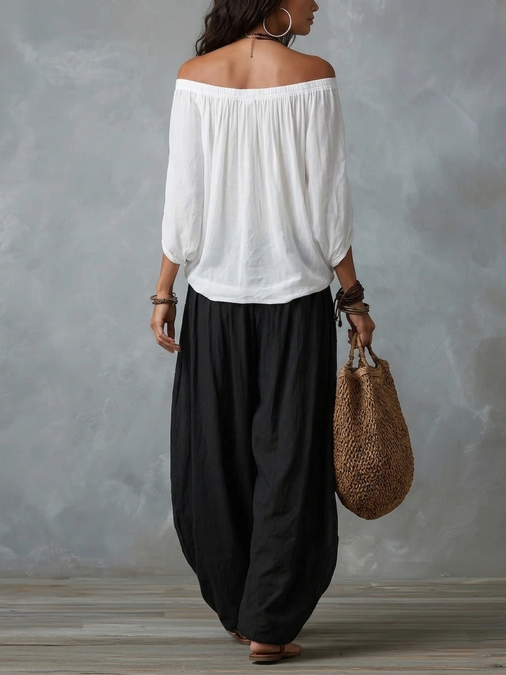 Elijah | Off-the-shoulder white top and loose-fitting lantern trousers set