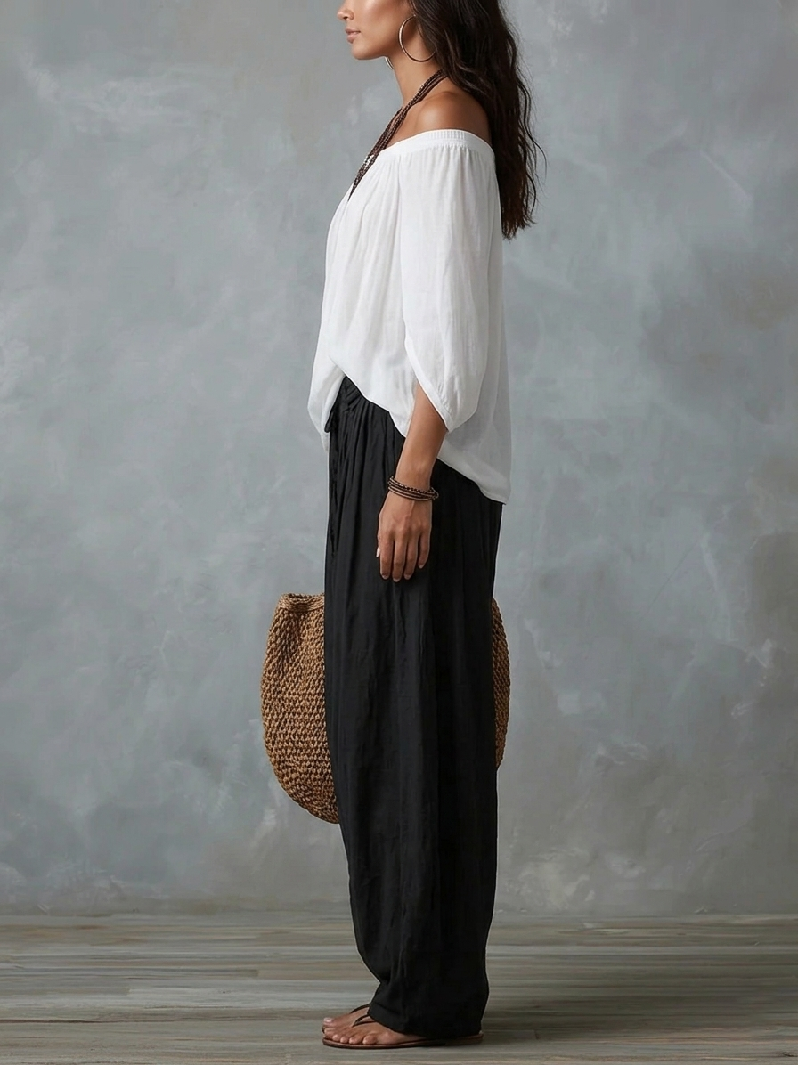 Elijah | Off-the-shoulder white top and loose-fitting lantern trousers set