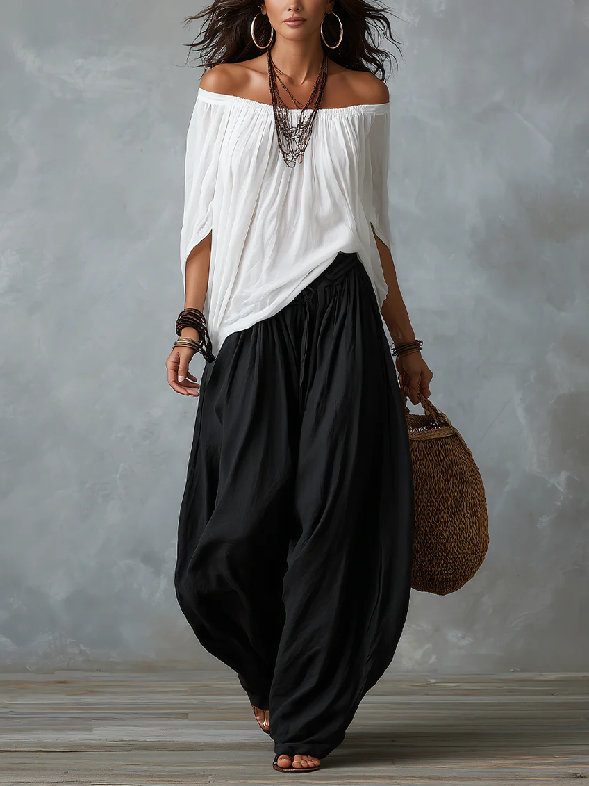 Elijah | Off-the-shoulder white top and loose-fitting lantern trousers set