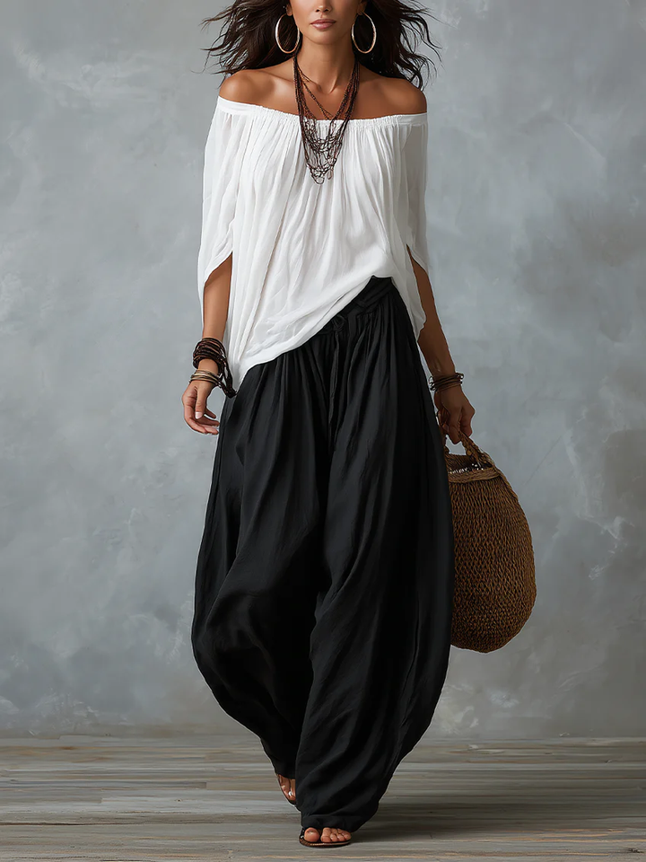Elijah | Off-the-shoulder white top and loose-fitting lantern trousers set